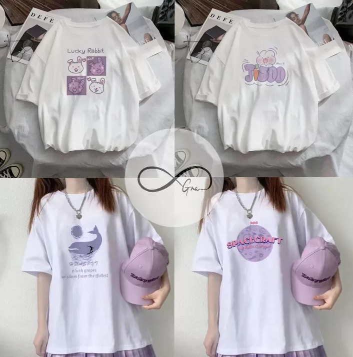 เสื้อยืดสีขาว เสื้อคอกลมลายการ์ตูนสุดน่ารัก